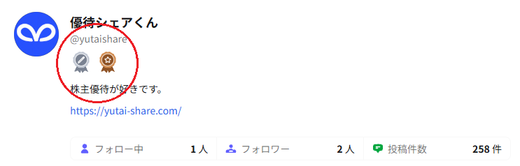 プロフィールのページで、名前の下に銀と銅のバッジが2つ並んでいる画面